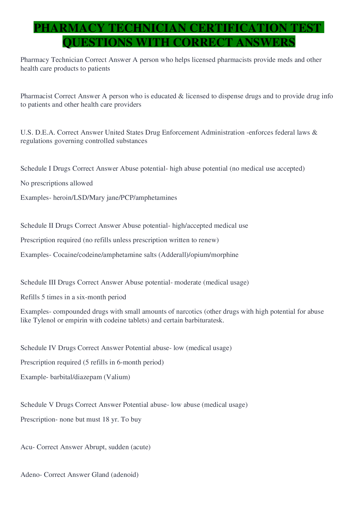 PHARMACY TECHNICIAN CERTIFICATION TEST QUESTIONS WITH CORRECT ANSWERS